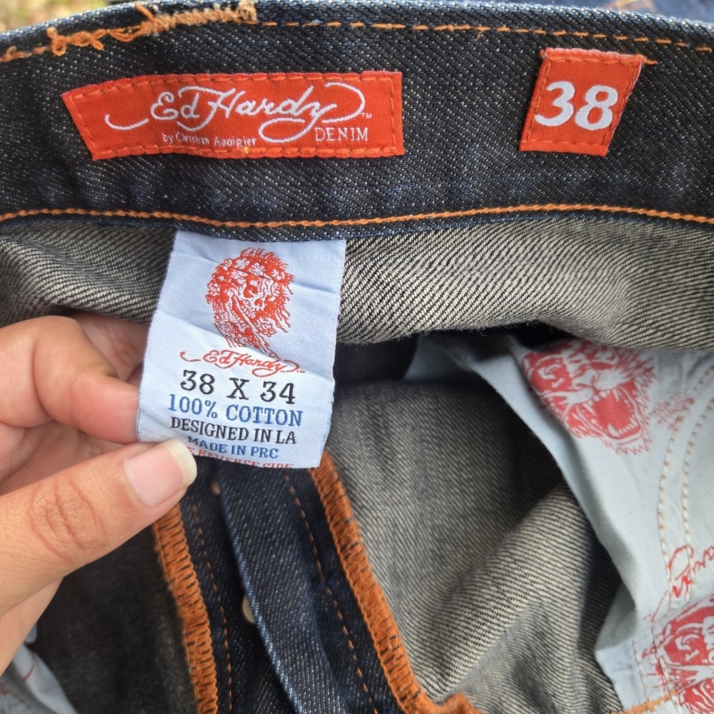 Rare VTG Ed Hardy Mens Blue Dragon Mermaid Embroidered Denim Jeans 38x34 Baggy - Picture 8 of 12